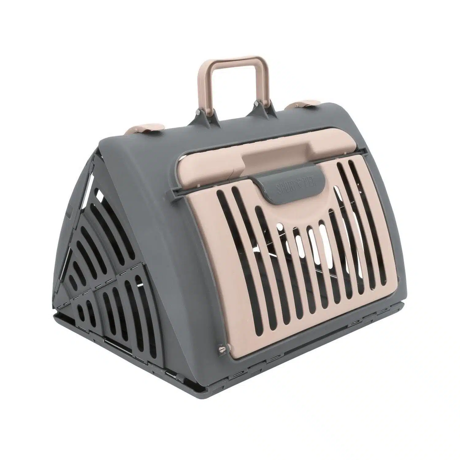 SportPet Designs Foldable Travel Cat Carrier - Front Door Plastic Collapsible Carrier, Gray and Tan, Medium